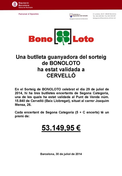 Premi 53.159 euros de la Bonoloto a Cervelló