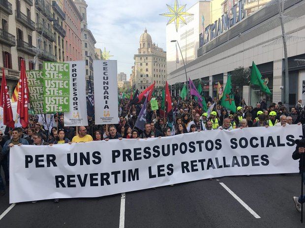 Cabeza de la manifestación de esta mañana en Barcelona.