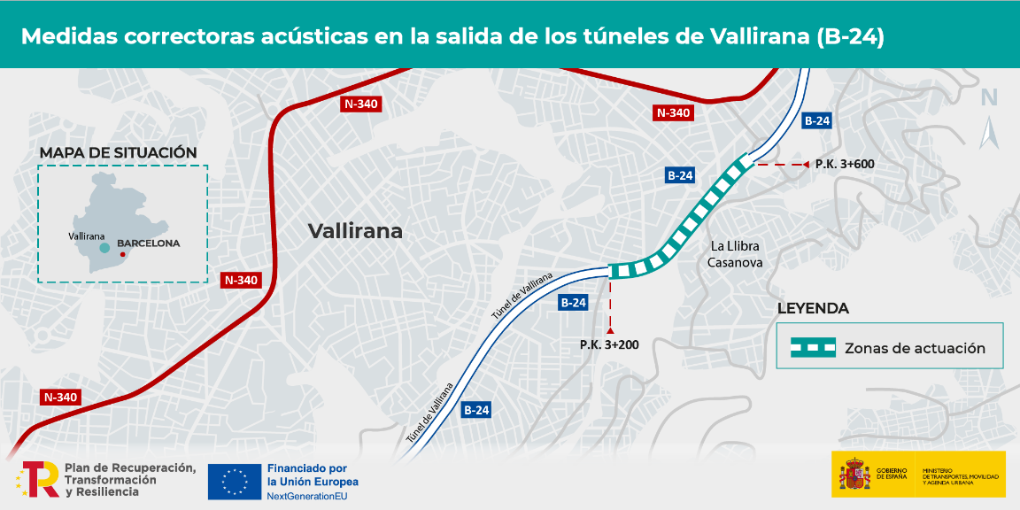 Mapa de la zona de actuación para la reducción sonora de los túneles de la B-24 de Vallirana