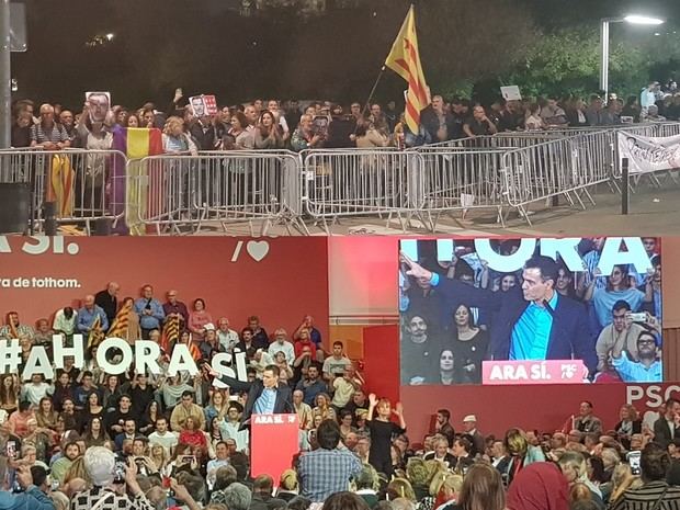 La protesta convocada por PícnicxRepública y CDR ante el Cubic de Viladecans -arriba- y el primer acto en clave electoral de Pedro Sánchez en Cataluña -abajo-