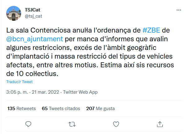 El TSJC anula la ordenanza de la Zona de Bajas Emisiones de Barcelona