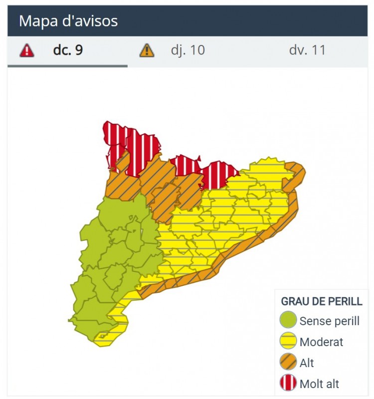 Avisos de peligro en Cataluña durante el miércoles 9 de octubre (Fuente: www.meteo.cat) 