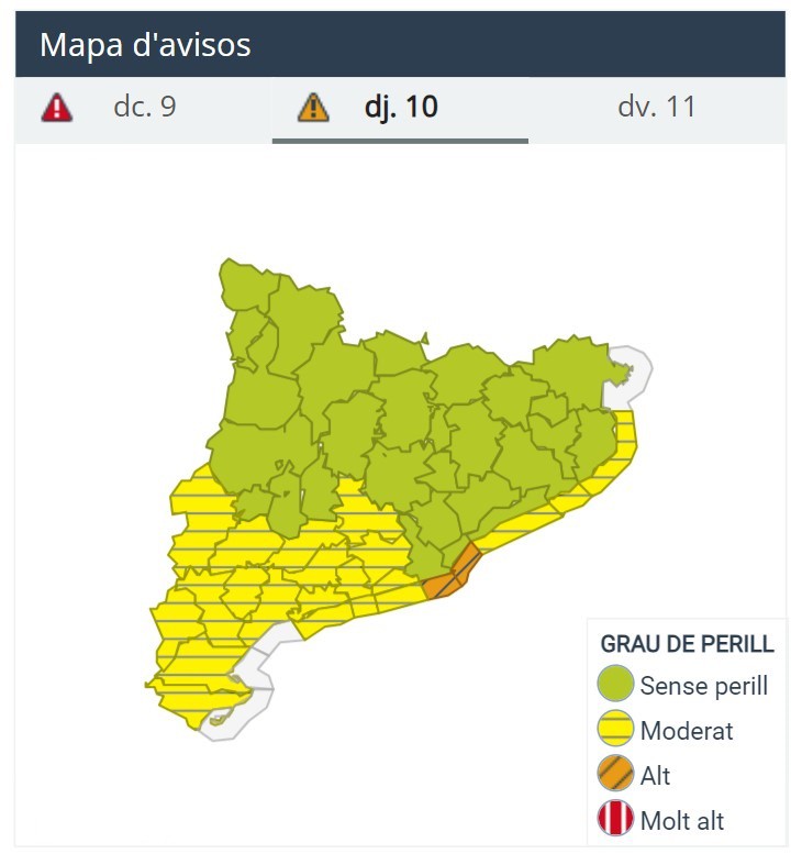 Avisos de peligro en Cataluña durante la mañana del jueves 10 de octubre (Fuente: www.meteo.cat) 